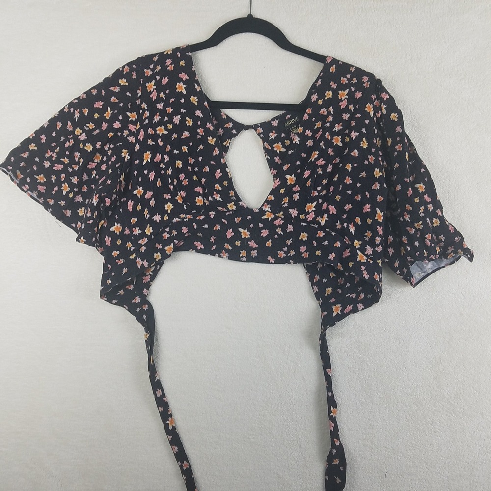 Arrive Womens Floral Crop‎ Top Black Pink Orange Keyhole Back Wrap Tie Large